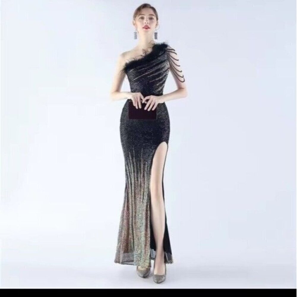 Black, One Shoulder Beaded, Gradient ,  Feather Neckline,  Sequined Mermaid Gown